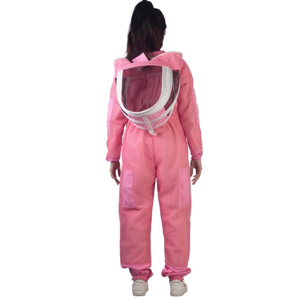Pink 3 layer beekeeping suit back view with foldable veil