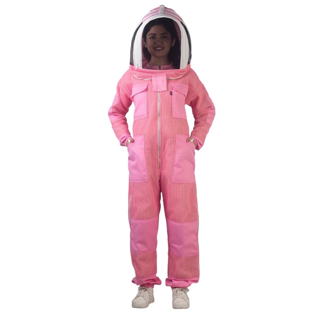 Pink 3 layer beekeeping suit for women front view with protective veil