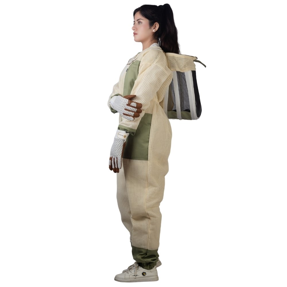 Sting proof beekeeper suit for women side view with protective veil and gloves