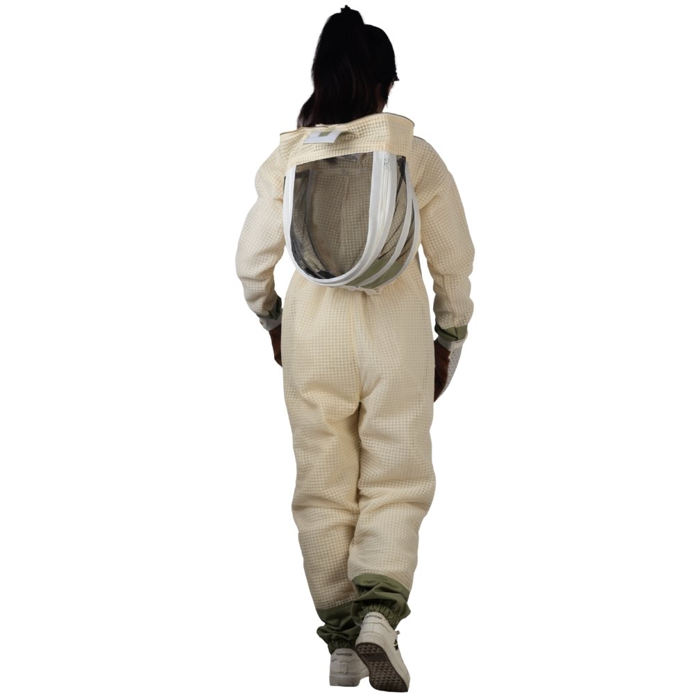 Sting proof beekeeper suit for women back view with protective veil and gloves
