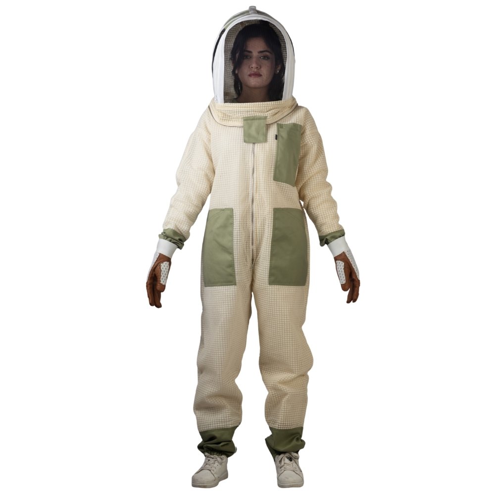 Sting proof beekeeper suit for women front view with protective veil and gloves