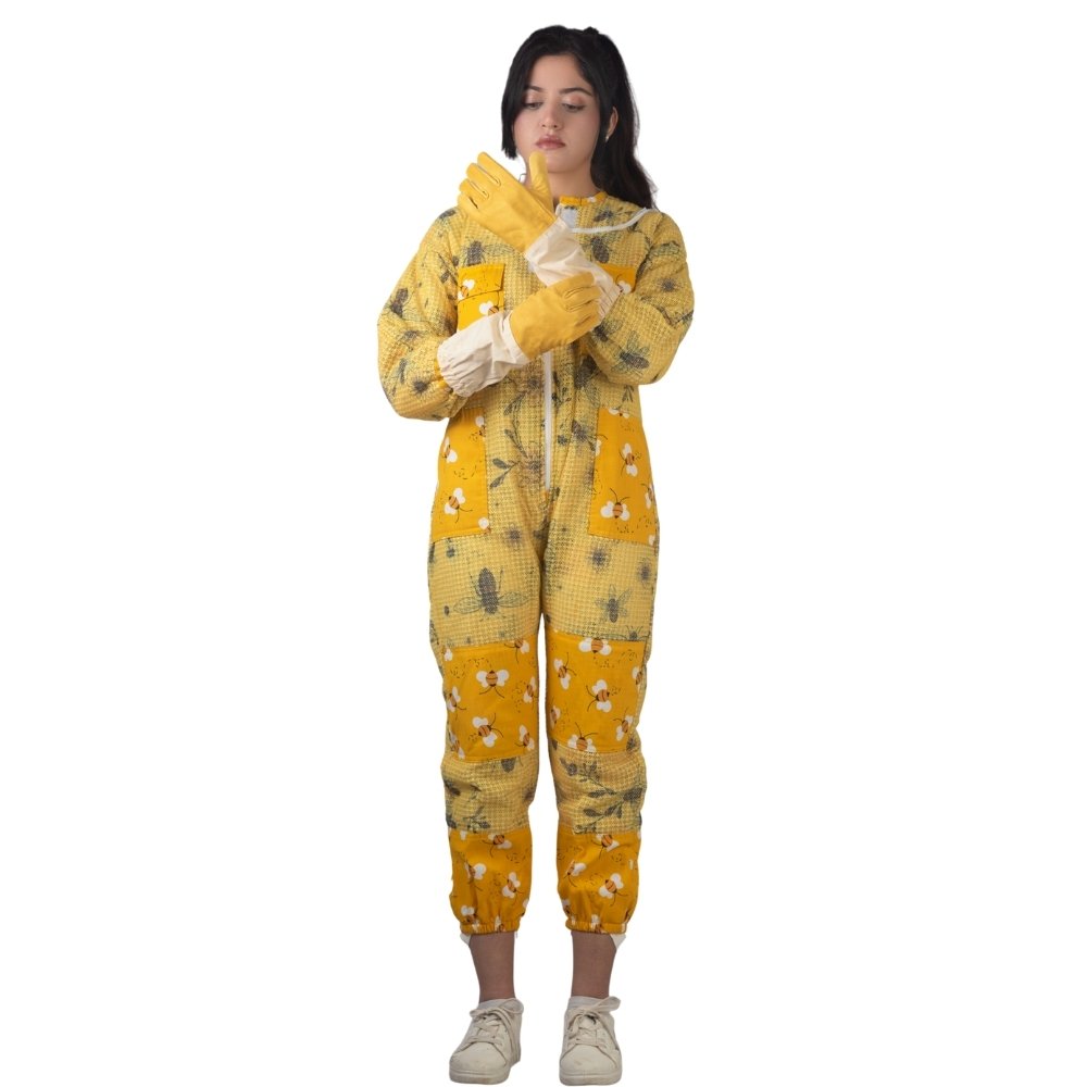 Yellow printed beesuit front view with gloves, breathable fabric and full body beekeeping protection