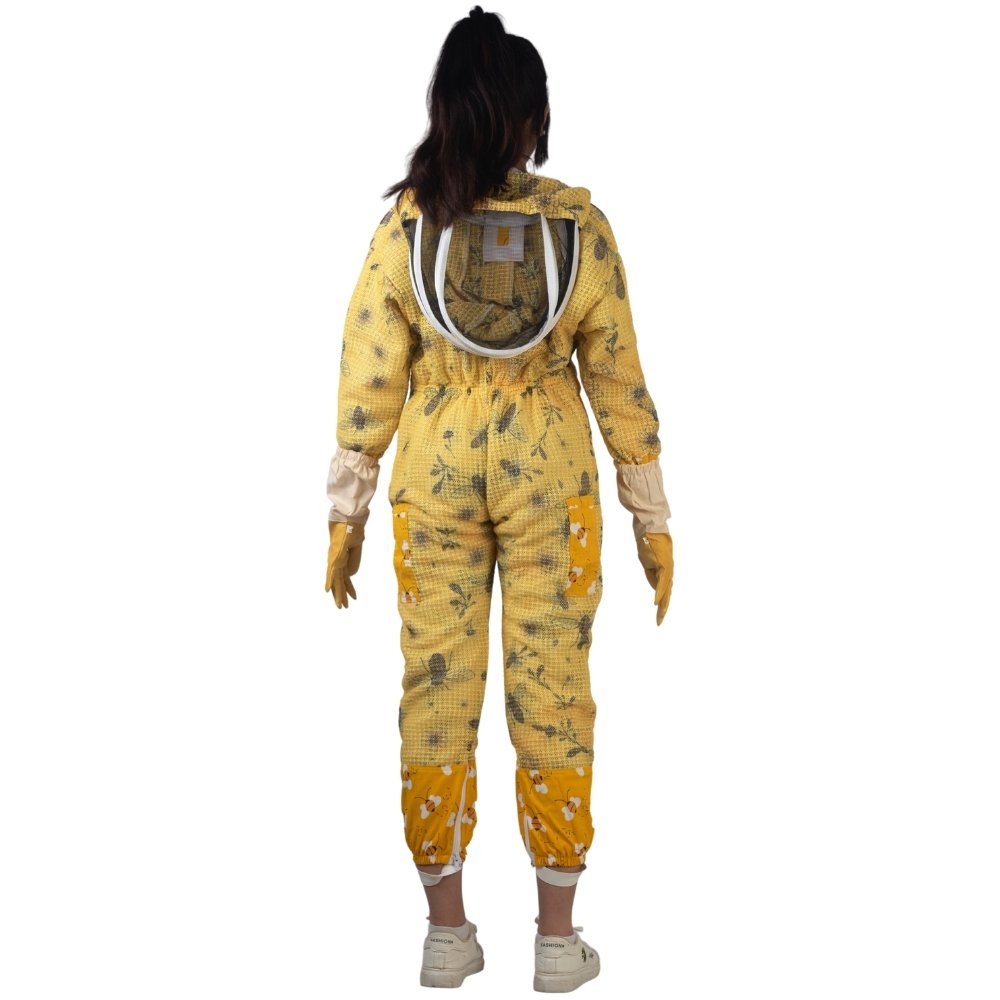 Yellow printed beesuit back view showing full body coverage, breathable fabric and beekeeping protection