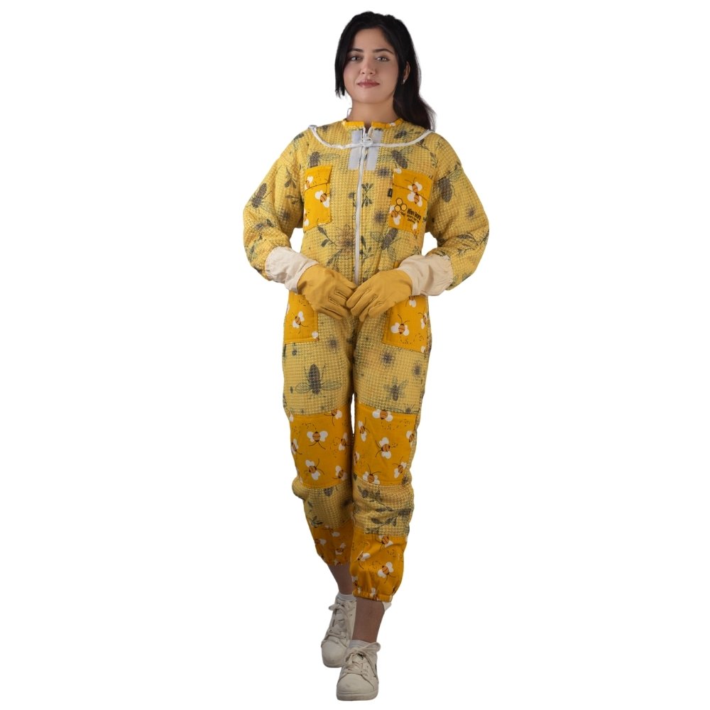 Yellow printed beesuit for beekeeping with full body protection, breathable fabric and secure veil