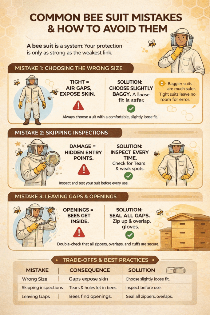 Common bee suit mistakes infographic showing wrong size, skipping inspections, and leaving gaps with solutions to improve beekeeping safety.