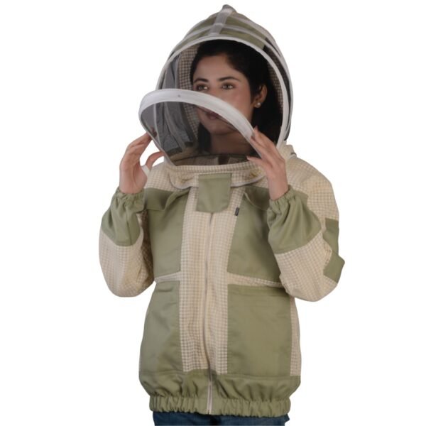 Triple-Layer Airflow Beekeeping Jacket with veil lifted to show flexible zip system.