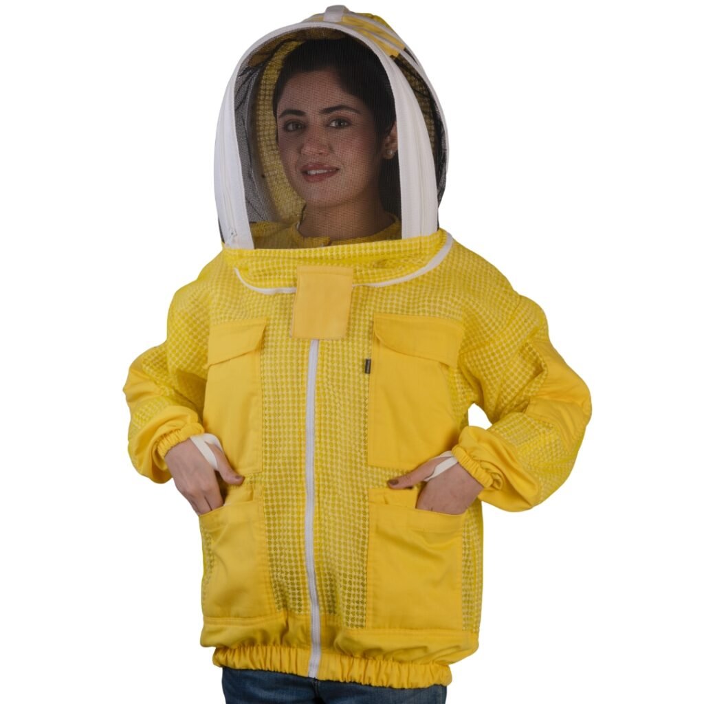 Golden Mesh Protective Beekeeping Jacket with veil lowered into working position.