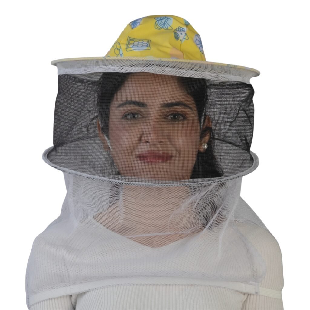 HiveVista Round Beekeeping Veil straight front view with printed yellow top and protective mesh.
