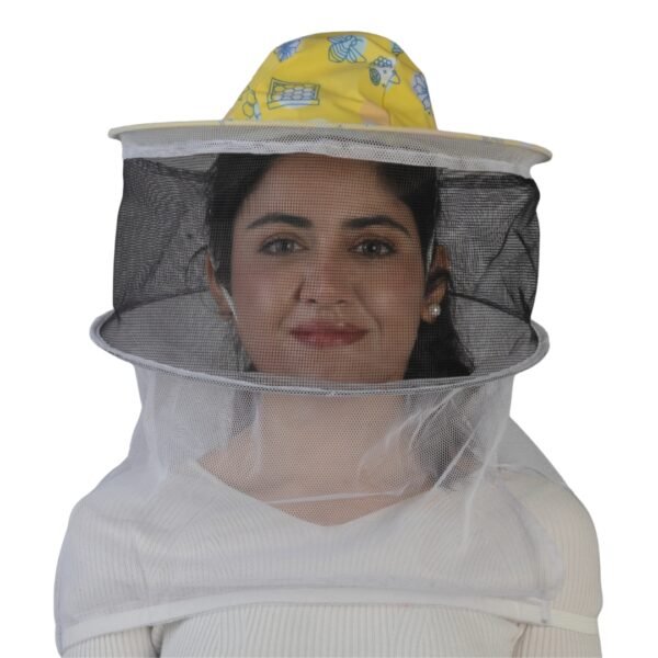 HiveVista Round Beekeeping Veil straight front view with printed yellow top and protective mesh.