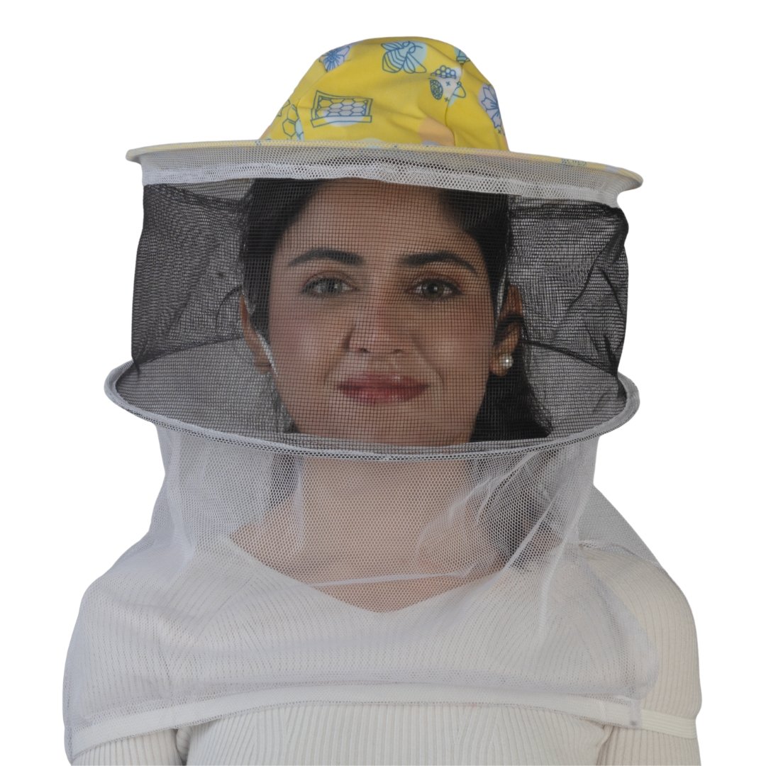 HiveVista Round Beekeeping Veil straight front view with printed yellow top and protective mesh.