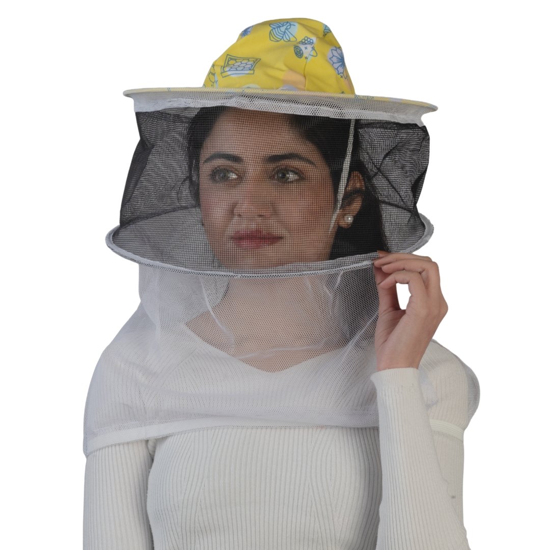 Side view of HiveVista Round Beekeeping Veil showing 360-degree mesh coverage and structured frame.