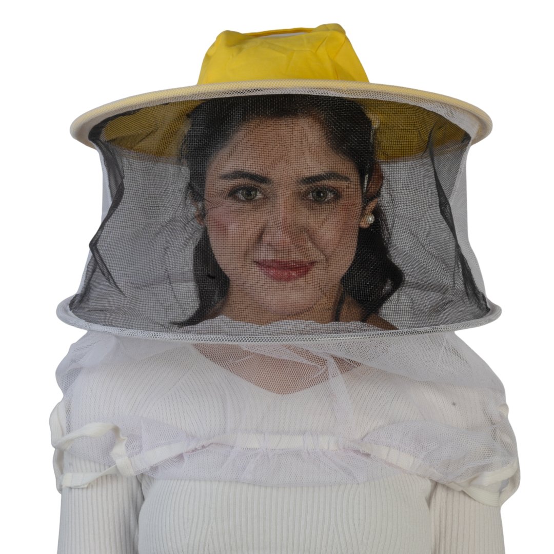 GoldenBee SunShield Veil front view with wide yellow brim and protective black mesh.