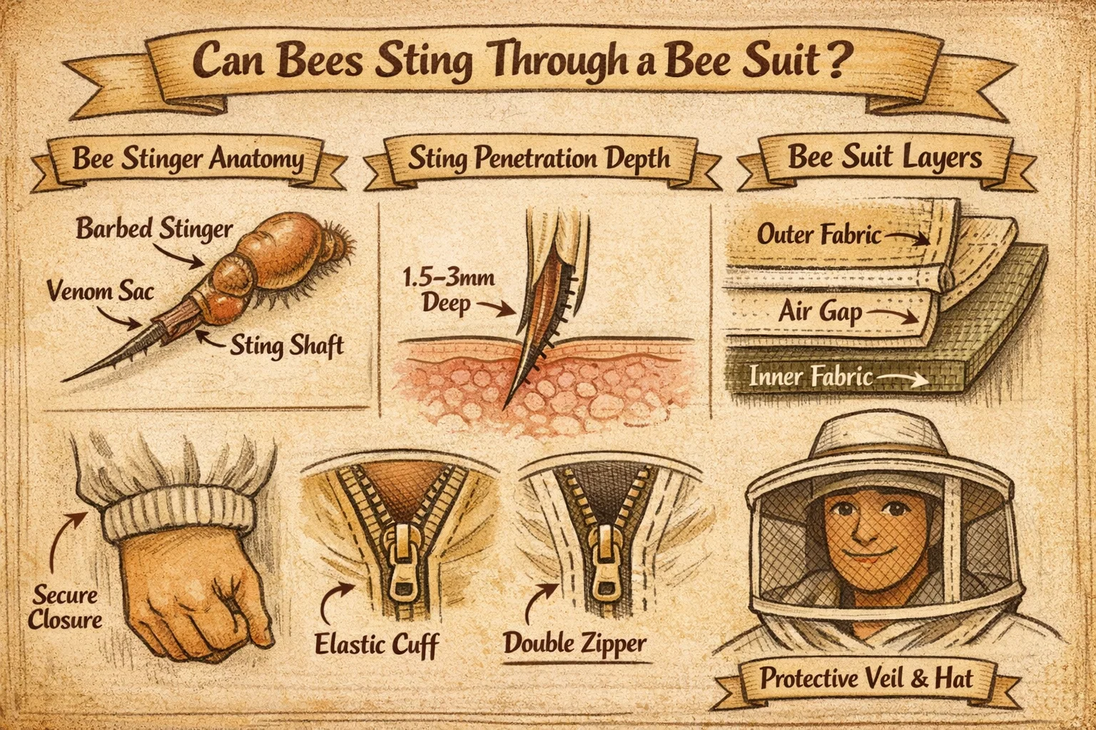 Bee suit infographic showing bee stinger anatomy, sting depth, suit layers, secure cuffs, double zipper, and protective veil.