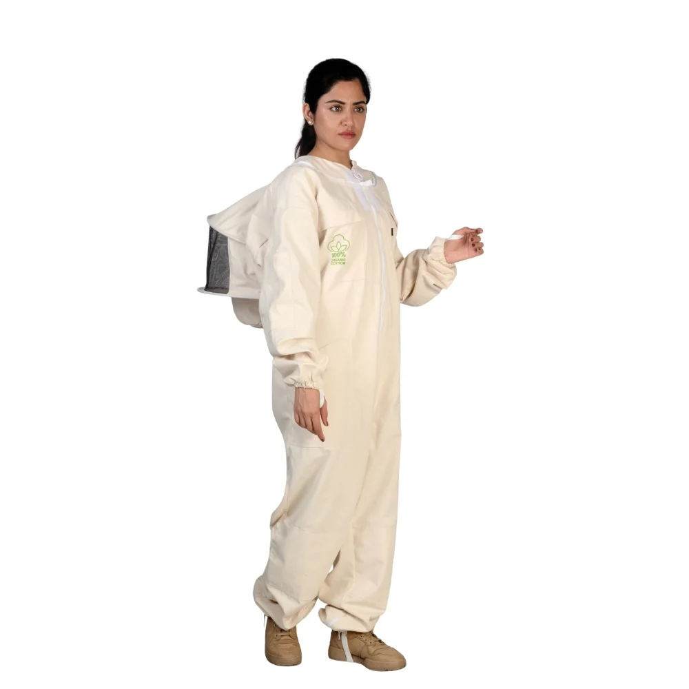 GoldenHive DualGuard™ Beekeeping Suit 100% Cotton – Lightweight Sting-Resistant Suit with Round Veil or Fencing (White)